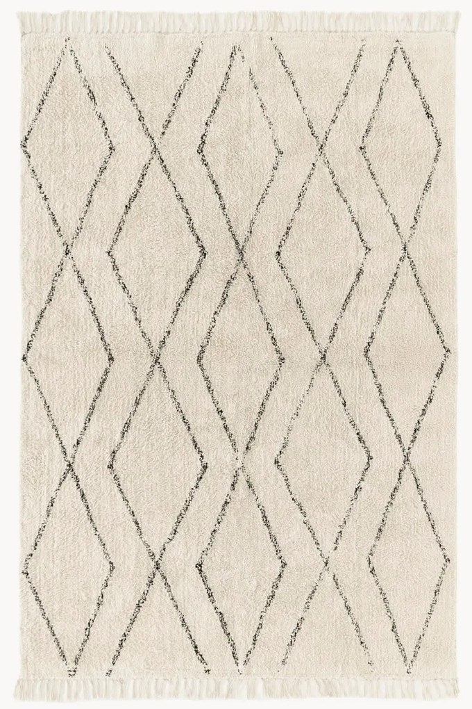 Handgetuft katoenen vloerkleed Bina met ruitjesmotief en franjes