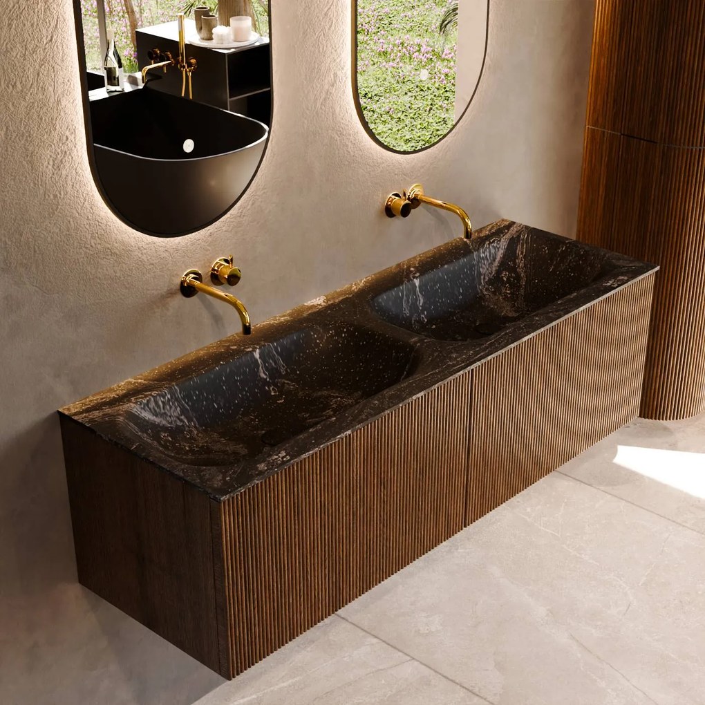 Mondiaz Kurve-dlux 140cm badmeubel dusk met 2 lades en wastafel stor small dubbel zonder kraangat lava