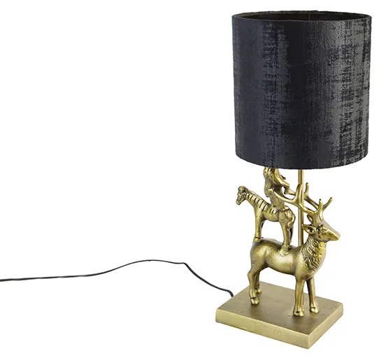 Stoffen Vintage tafellamp messing met kap zwart 20 cm - Animal Hjort TreOosters E27 rond Binnenverlichting Lamp