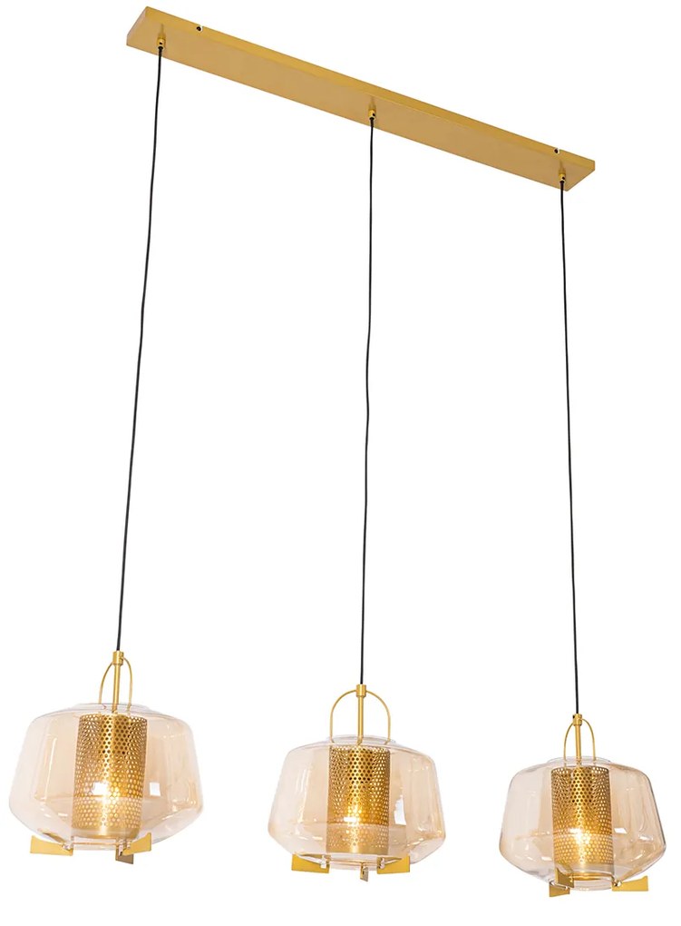 Hanglamp goud met amber glas 30 cm langwerpig 3-lichts - Kevin