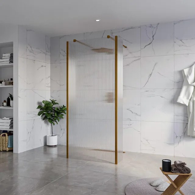 Fortifura Galeria Vrijstaande Inloopdouche - 90x200cm - Helder geribbeld - antikalk - 8mm veiligheidsglas - 2 zijwanden 30cm - wandsteunen en hoekprofielen - Geborsteld koper PVD (Koper) SW927772 2x/SW797951/SW797945 2x/SW876703 2x