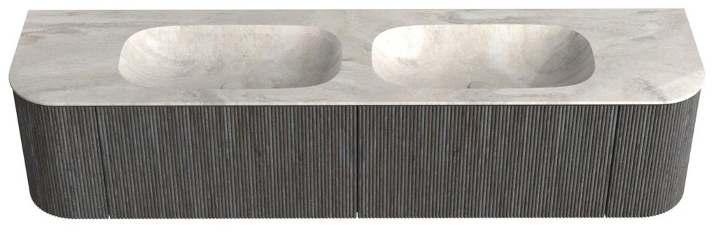 Mondiaz Kurve-dlux 190cm badmeubel ronding links/rechts shadow met 2 lades en deuren en wastafel stor small dubbel zonder kraangat ostra