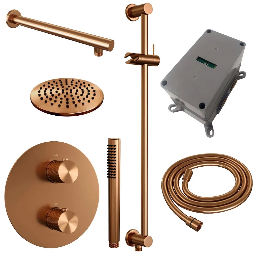 Brauer Copper Carving thermostatische inbouw regendouche met staafhanddouche, rechte muurarm, glijstang en hoofddouche 20cm set 85 koper geborsteld PVD