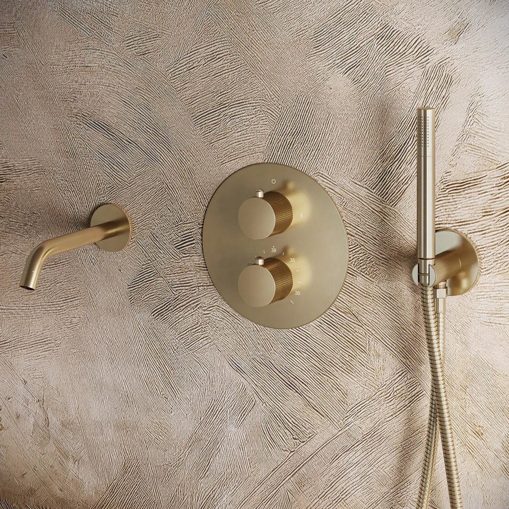 Saniclear Brass Stripes rond inbouw thermostaat met inbouwdeel geborsteld messing - mat goud