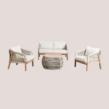 Tuinset Met 2-zitsbank, Twee Fauteuils En Salontafel In Acaciahout En Gevlochten Touw Dubai Gardenia Wit & Rustiek Acaciabruin - Sklum