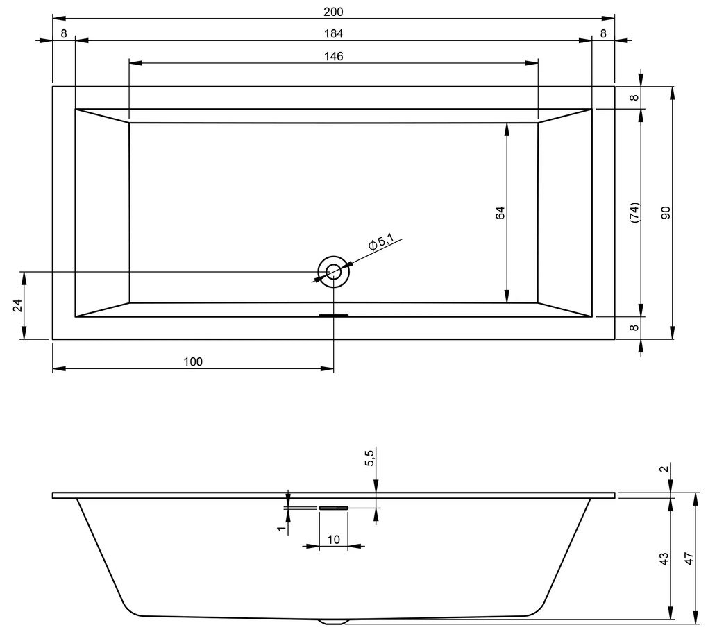 Riho Rethink Cubic half vrijstaand bad 200x90cm midden wit glans met Fall overloop