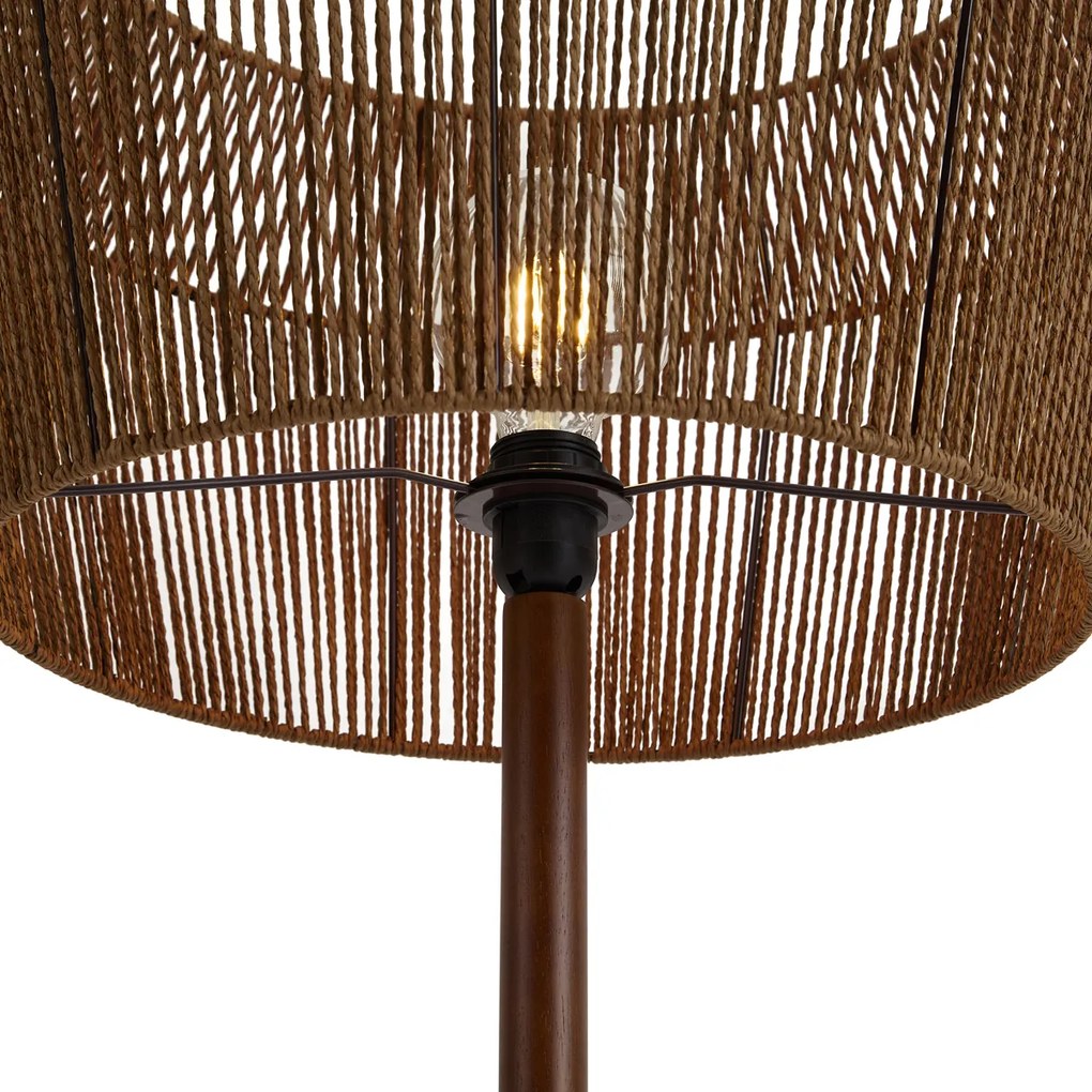 Vloerlamp walnoot hout met bruine papieren touw kap 50/50/30 - Mels