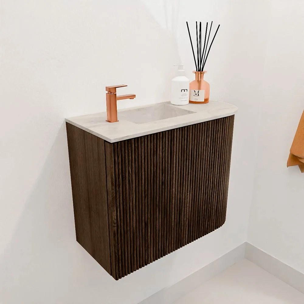 Mondiaz Joya DLux 50cm toiletmeubel ronding rechts walnut met wastafel faye links 1 kraangat ostra