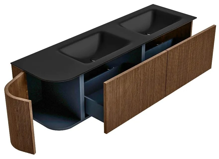 Mondiaz Kurve 155cm badmeubel ronding links walnut met 2 lades en 1 deur en wastafel cloud dubbel/rechts 2 kraangaten urban