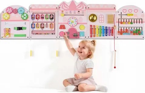 VEVOR Montessori Busy Board 14-in-1 Sensorisch Wandactiviteitenbord in Kasteelvorm, Motorisch Speelgoed voor Educatie & Vroege Ontwikkeling van Kinderen, Gemaakt van MDF-platen, met Xylofoon, Klok, Tandwielen & Leerelementen