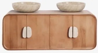 Dubbel Zwevend Badkamermeubelset 130x45 Cm Van Mangohout En Natuurlijke Kivalina-steen Travertijn - Mangohout & 2 X Ronde Travertijn Ø40 Cm Eskel -