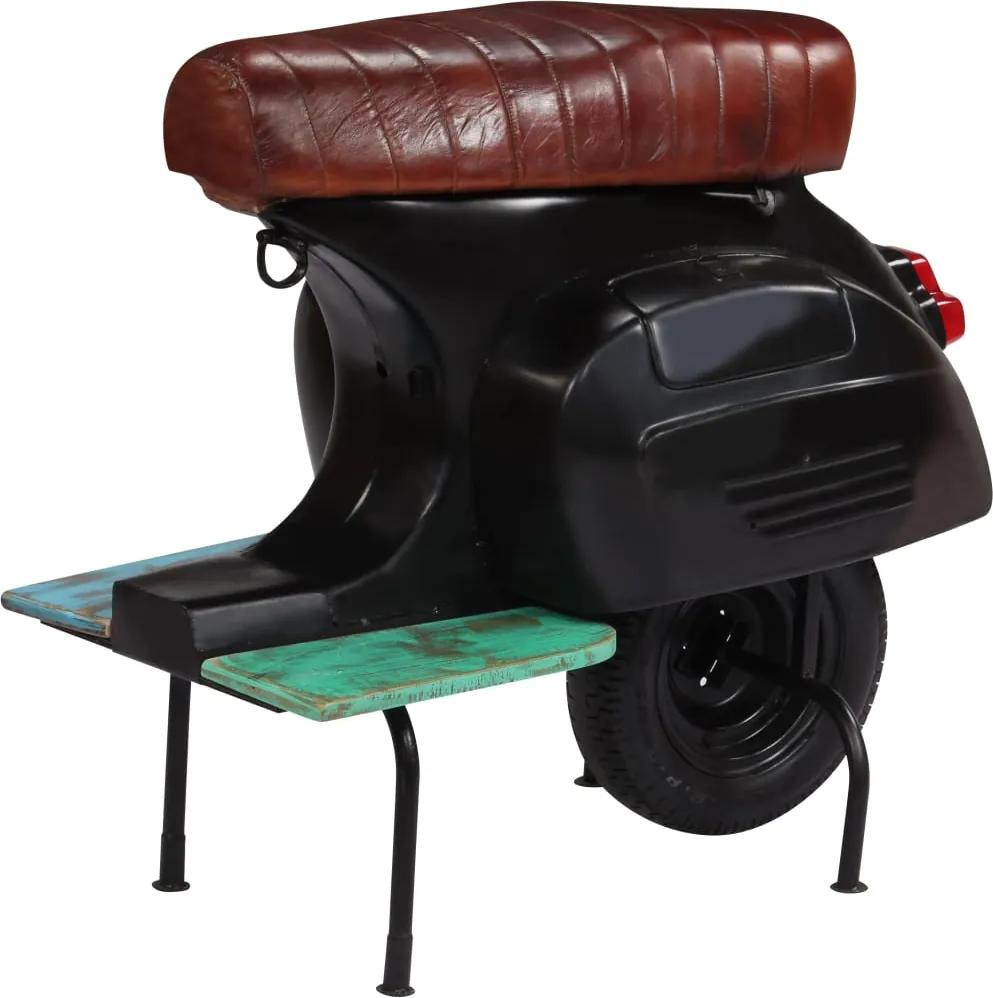 Barkruk scooter echt leer en massief gerecycled hout zwart