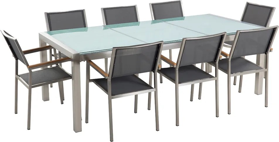 Tuinset matglas/RVS driedelig tafelblad 220 x 100 cm met 8 stoelen grijs GROSSETO