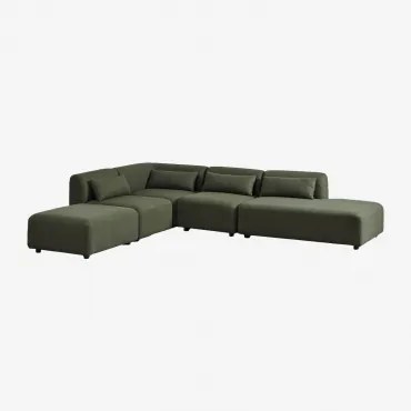 4-delige Modulaire Hoekbank Met Rechter Chaise Longue En Poef Fogler Teddystof Saliegroen - Sklum