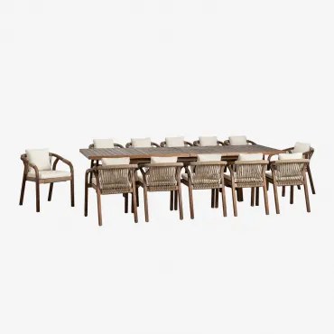 Rechthoekige Uitschuifbare Tafel 200-260-320x100 Cm En 12 Tuinstoelen Met Armleuningen Van Acaciahout Dubai Stof Gardenia Wit & Donker Acaciabruin -