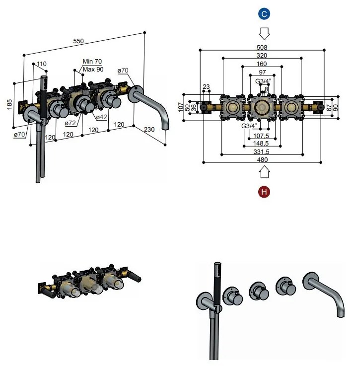 Hotbath Cobber Afbouwdeel Bad Thermostaat 2 stopkranen met uitloop Gepolijst Messing CB7072