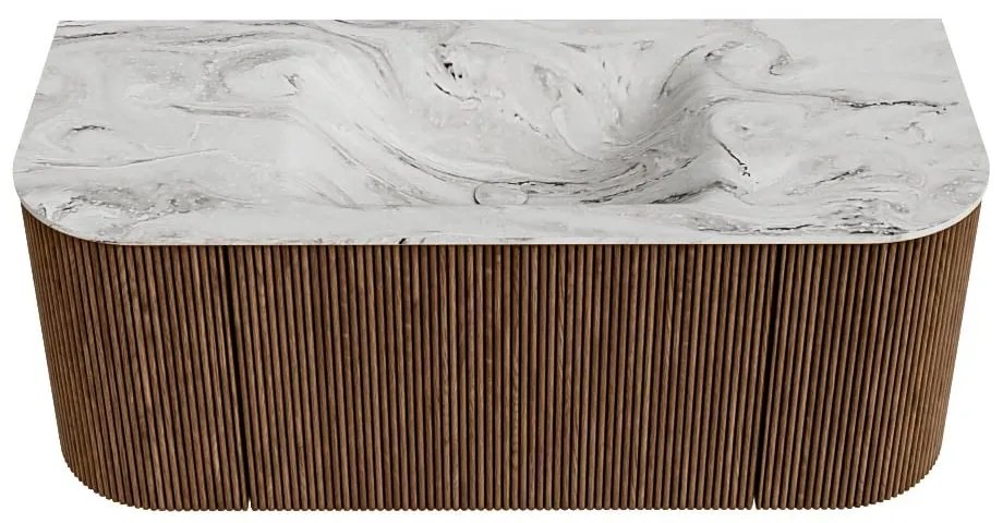Mondiaz Kurve-dlux 110cm badmeubel ronding links/rechts walnut met 1 lade en 2 deuren en wastafel cloud midden 1 kraangat glace