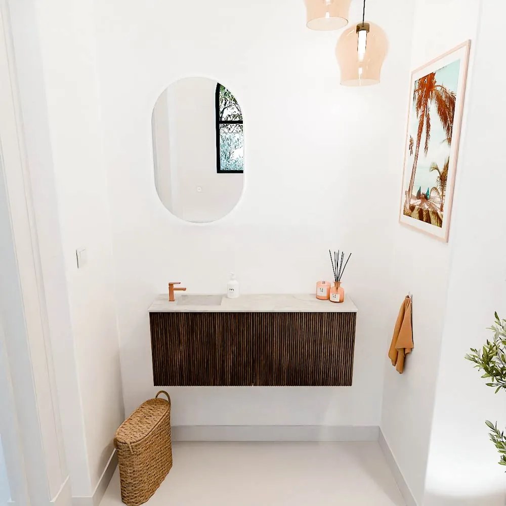 Mondiaz Joya DLux 100cm toiletmeubel walnut met wastafel faye links 1 kraangat ostra
