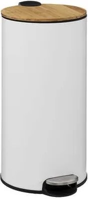 5Five Pedaalemmer - 30 Liter - Wit Metaal - Bamboe Deksel