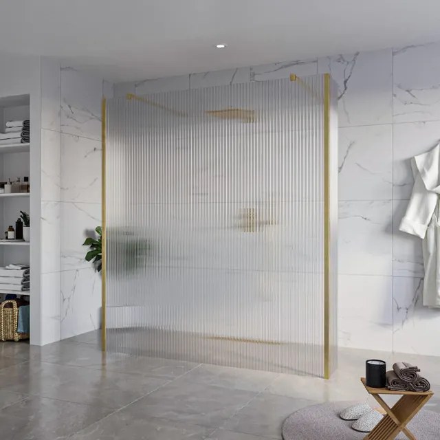 Fortifura Galeria Vrijstaande Inloopdouche - 180x200cm - Helder geribbeld - antikalk - 8mm veiligheidsglas - 2 zijwanden 40cm - wandsteunen en hoekprofielen - Geborsteld Messing PVD (Goud) SW927770 2x/SW797957/SW797948 2x/SW798731 2x