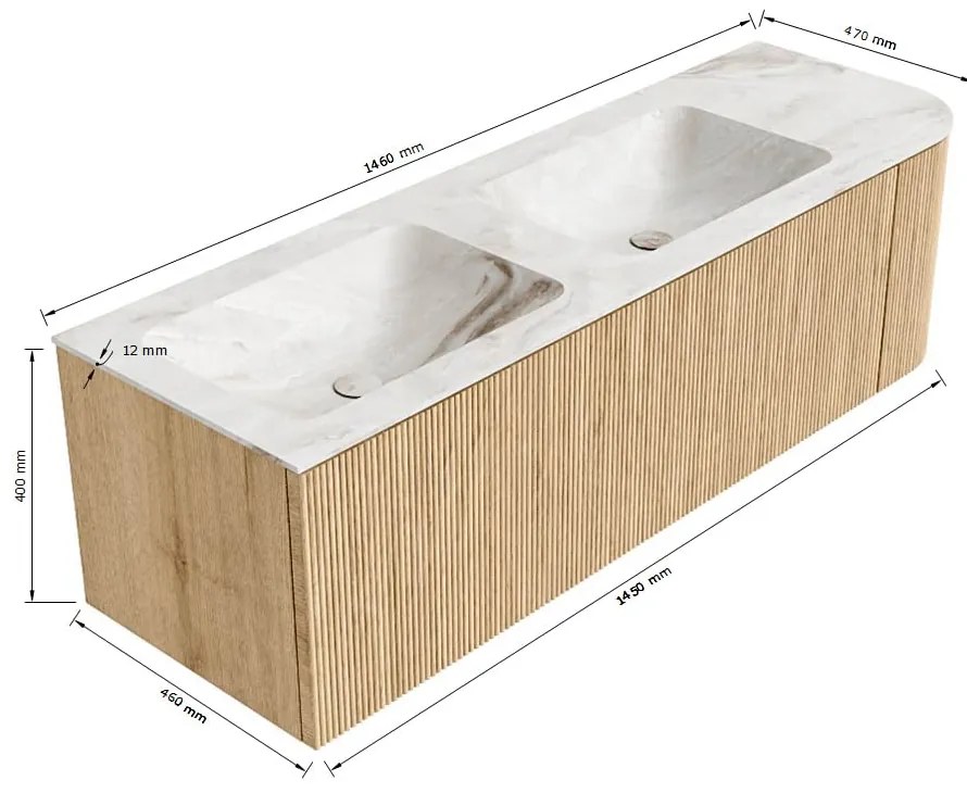 Mondiaz Kurve-dlux 145cm badmeubel ronding rechts oak met 1 lade en deur en wastafel leaf dubbel/links 2 kraangaten lava