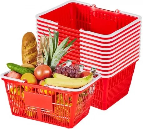 VEVOR Boodschappenmand, 12 stuks, 21 L, PE-kunststof draagmand met handvatten, universele mand, draagvermogen tot 9,07 kg, picknickmand voor levensmiddelen, detailhandel, winkels, supermarkten, thuisgebruik, rood