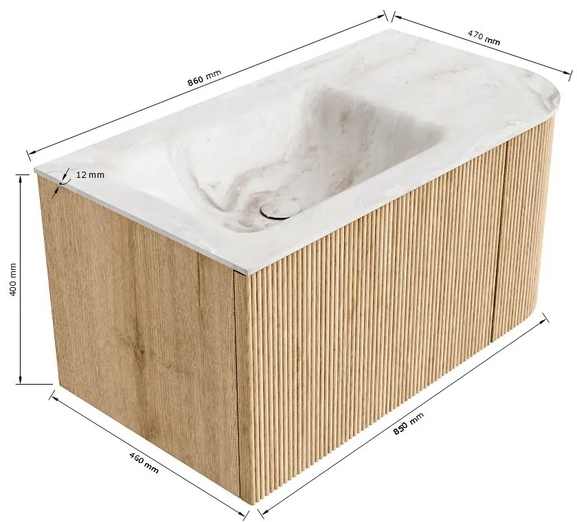 Mondiaz Kurve-dlux 85cm badmeubel ronding rechts oak met 1 lade en deur en wastafel cloud links zonder kraangat lava