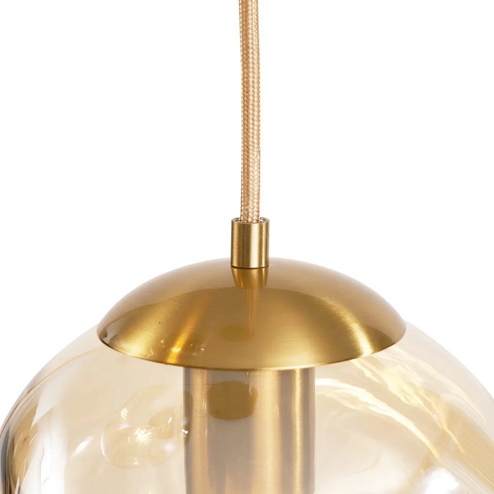 Art Deco hanglamp messing met amber glas 3-lichts - Douglass Art Deco E27 bol / globe / rond Binnenverlichting Lamp