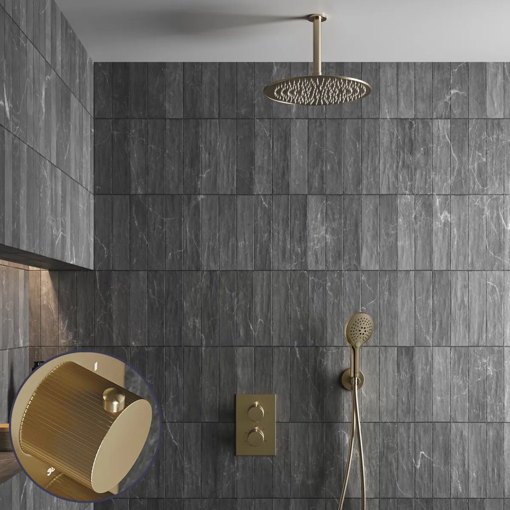 Saniclear Brass Stripes inbouw regendouche met 20cm hoofddouche, plafondarm en 2 standen handdouche geborsteld messing - mat goud