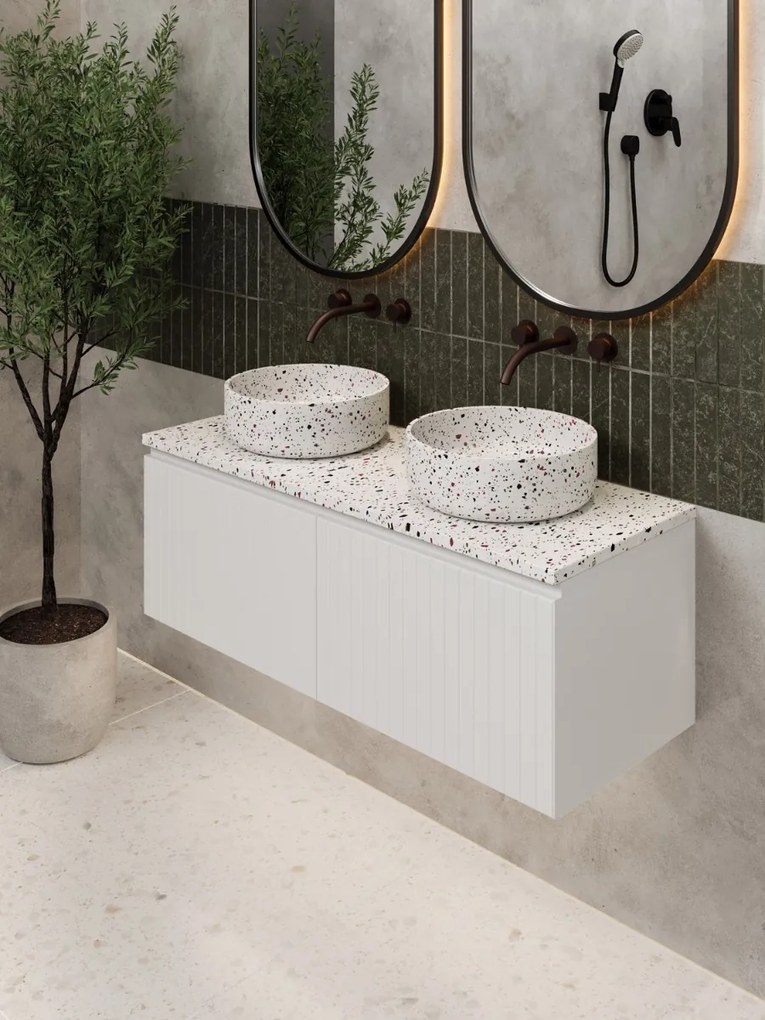 Fontana Terrazzo ribbelfront badmeubel 120cm mat wit met ronde waskommen en toppaneel