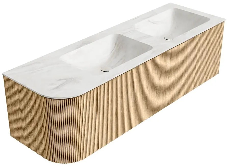 Mondiaz Kurve-dlux 145cm badmeubel ronding links oak met 1 lade en deur en wastafel leaf dubbel/rechts zonder kraangat ostra