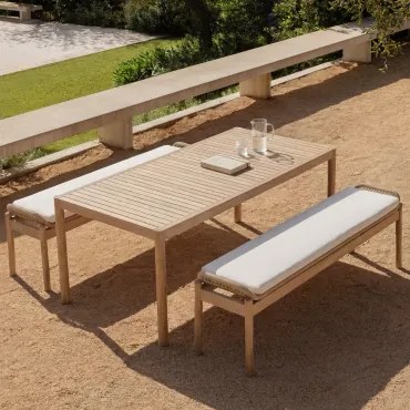 Rechthoekige Tafelset 180x90 Cm En 2 Tuinbanken Van Acaciahout En Gevlochten Touw Karvia Lichte Acaciekleur & Stof Wit - Sklum