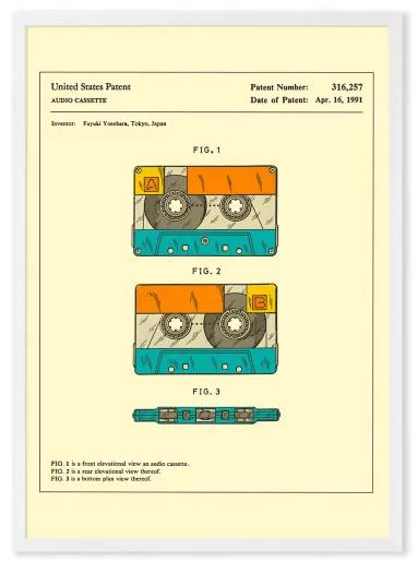 Retro Patent Cassette door Jazzberry Blue, ingelijste print, A2, meerkleurig