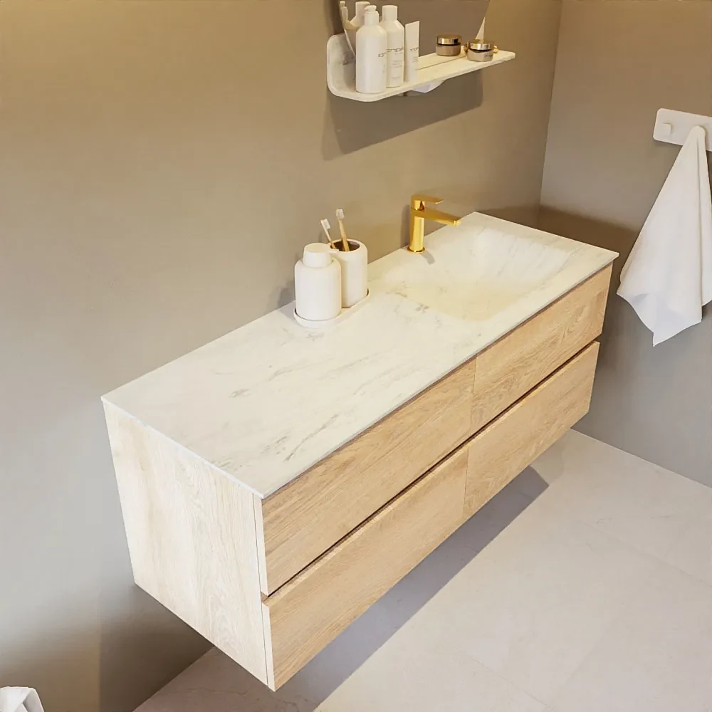 Mondiaz Vica DLux badmeubel 130cm washed oak 4 lades met wastafel opalo rechts 1 kraangat