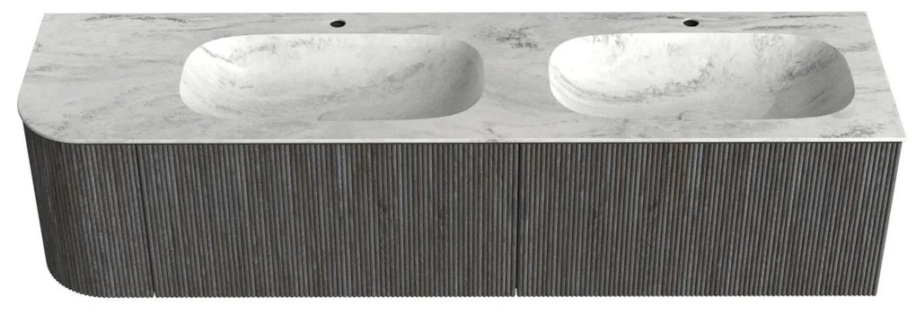 Mondiaz Kurve-dlux 175cm badmeubel ronding links shadow met 2 lades en 1 deur en wastafel stor small dubbel/rechts 2 kraangaten opalo