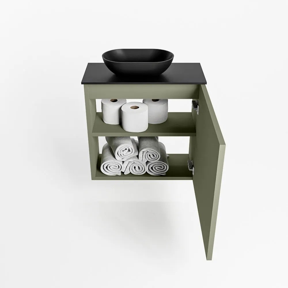 Mondiaz Fowy toiletmeubel 50cm army met zwarte waskom links en kraangat