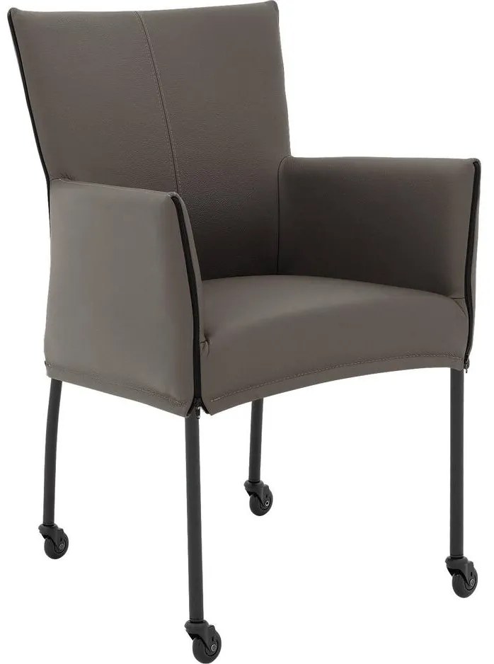 Goossens Eetkamerstoel Funk Zwarte Poten grijs leer met armleuning en Zwart skater wiel met zwarte kapmet wielen, modern design