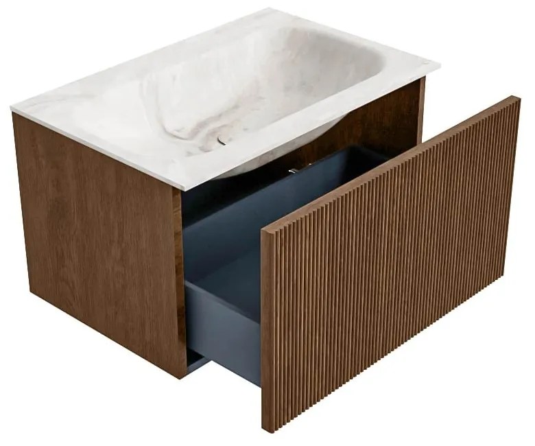 Mondiaz Kurve-dlux 70cm badmeubel walnut met 1 lade en wastafel big small midden 1 kraangat frappe