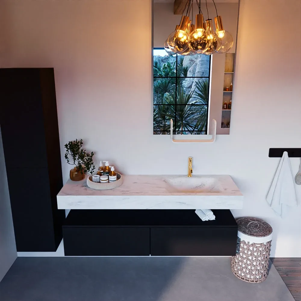Mondiaz Alan DLux badmeubel 150cm urban 2 lades met wastafel opalo rechts 1 kraangat