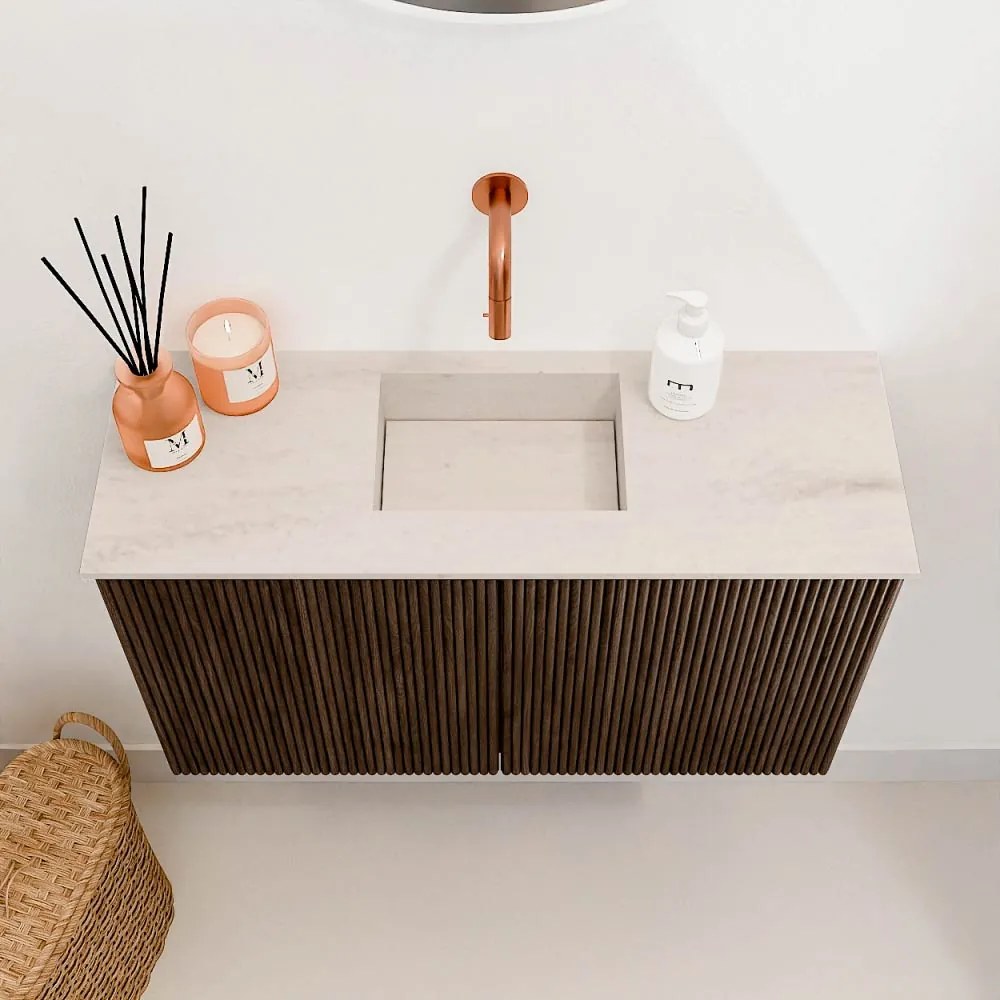 Mondiaz Joya DLux 70cm toiletmeubel walnut met wastafel faye midden zonder kraangat meli