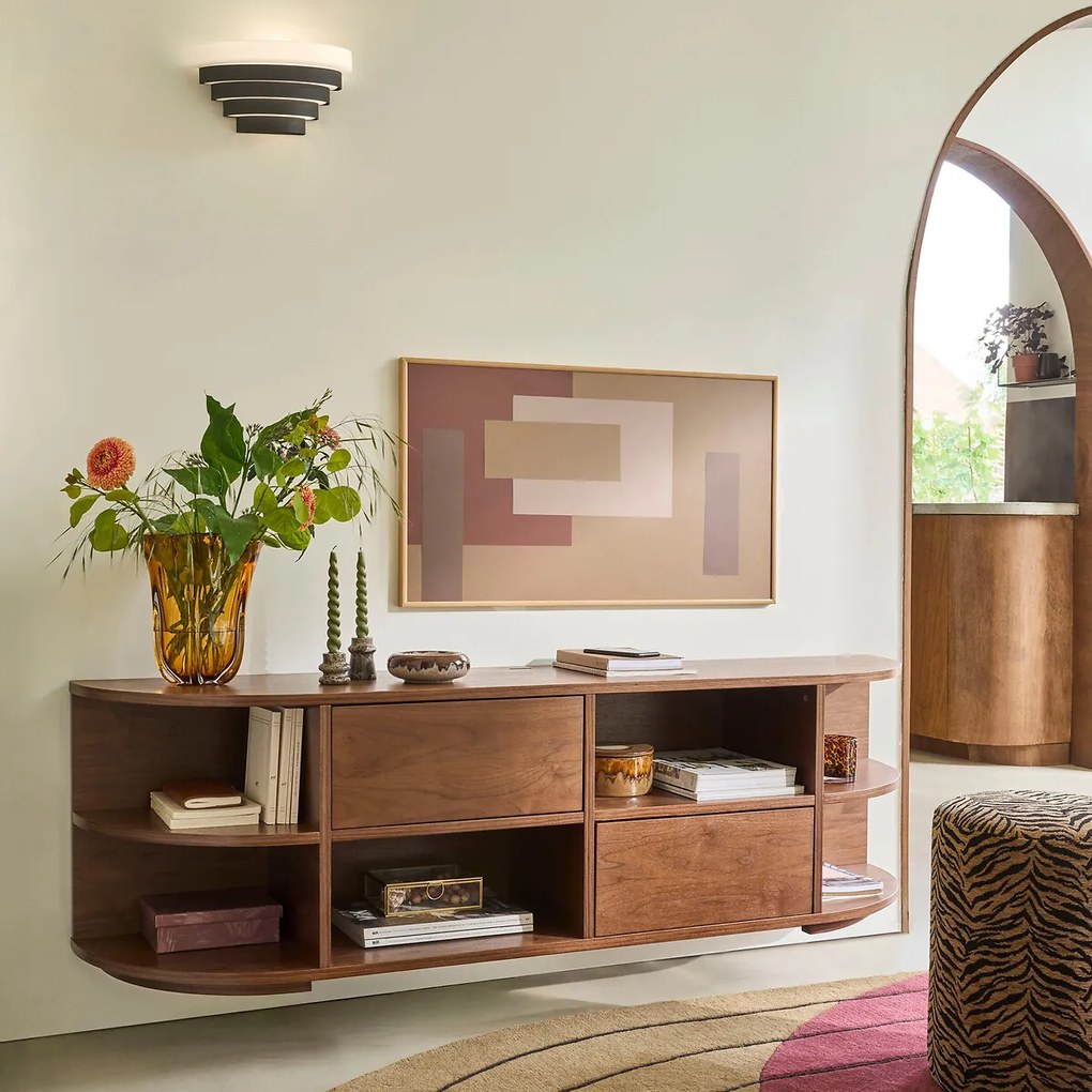 Hangend hifi-TV-meubel in notenhoutfineer, 2 deuren, 6 nissen, L160 cm, MADDY