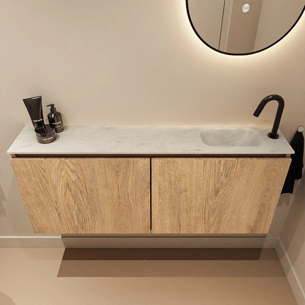 Mondiaz Ture DLux toiletmeubel 120cm washed oak met wastafel opalo rechts met kraangat