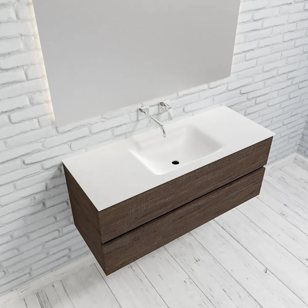 Zaro Valencia Solid Surface badmeubel 120cm donker eiken zonder kraangat spoelbak midden met 2 lades