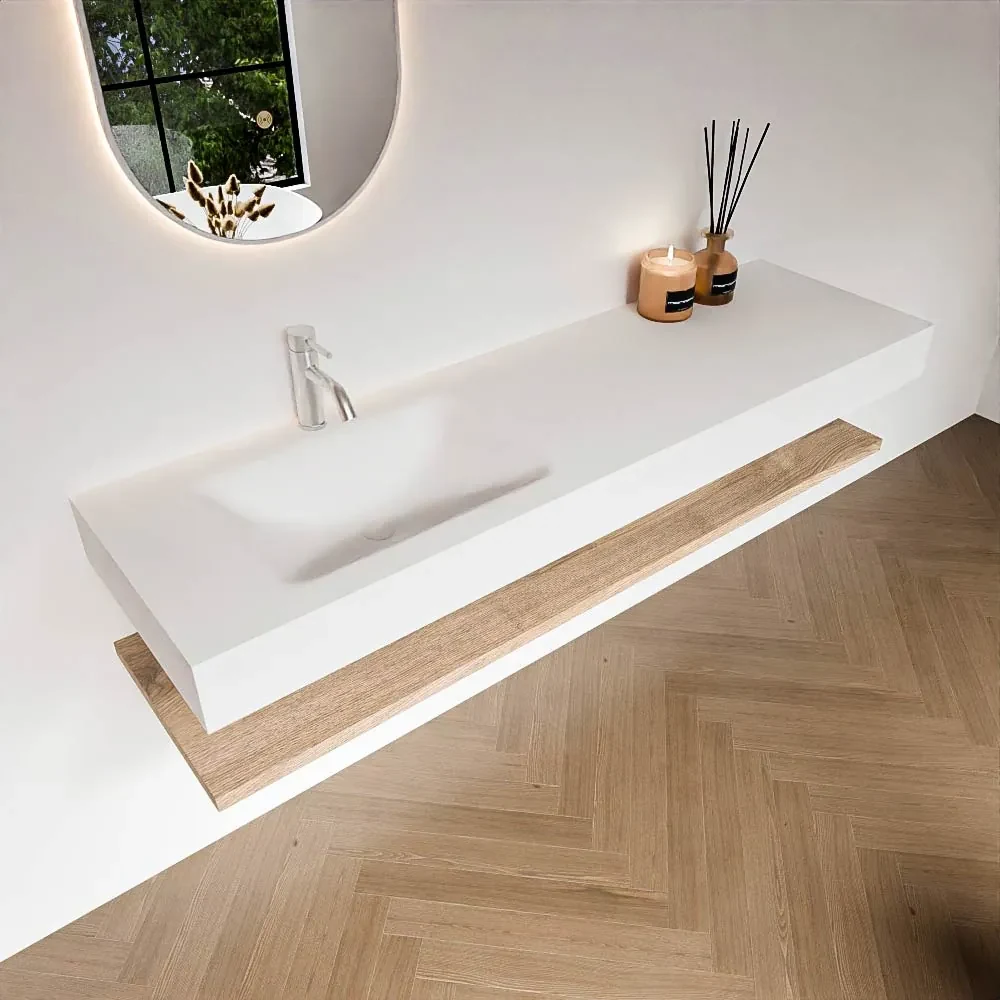 Zaro Alan badmeubel 160cm met planchet washed oak en vrijhangende wastafel cloud links 1 kraangat talc