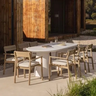 Set Van 220x95 Cm Ovale Tafel In Noemi Cement En 8 Tuinstoelen Met Armleuningen In Saira Acaciahout Wit - Sklum