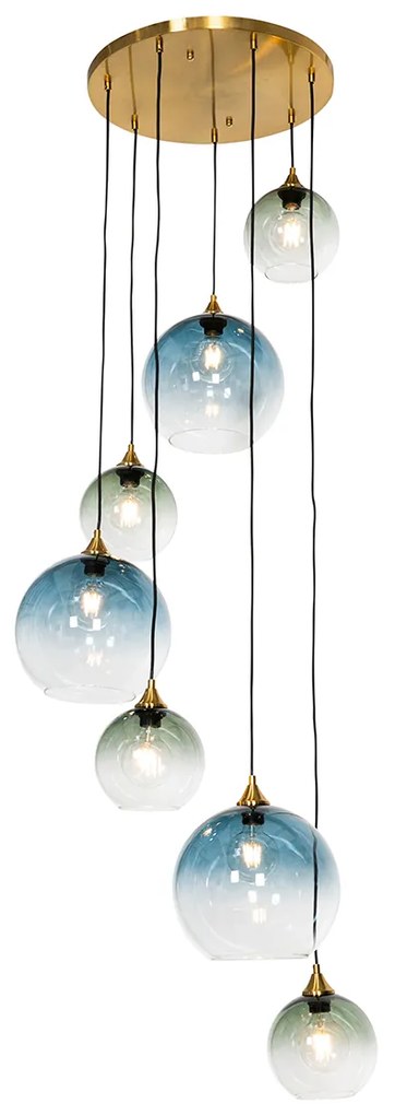 Art Deco Hanglamp messing met blauw glas rond 7-lichts - Sandra