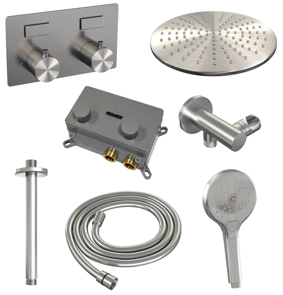 Brauer Brushed Carving thermostatische inbouw regendouche met 3 standen handdouche, plafondarm en hoofddouche 30cm set 60 RVS geborsteld PVD