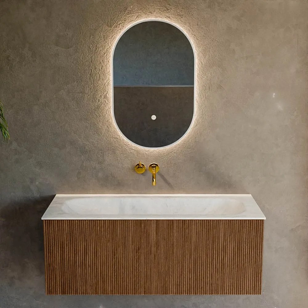 Mondiaz Kurve-dlux 110cm badmeubel walnut met 1 lade en wastafel big medium midden zonder kraangat opalo