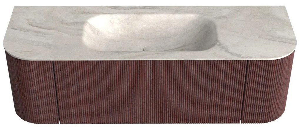 Mondiaz Kurve-dlux 140cm badmeubel ronding links/rechts ruby met 1 lade en 2 deuren en wastafel big small midden zonder kraangat ostra