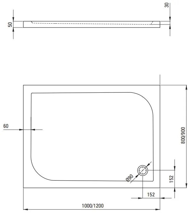 Plazan Curve douchebak 120x80cm rechthoekig